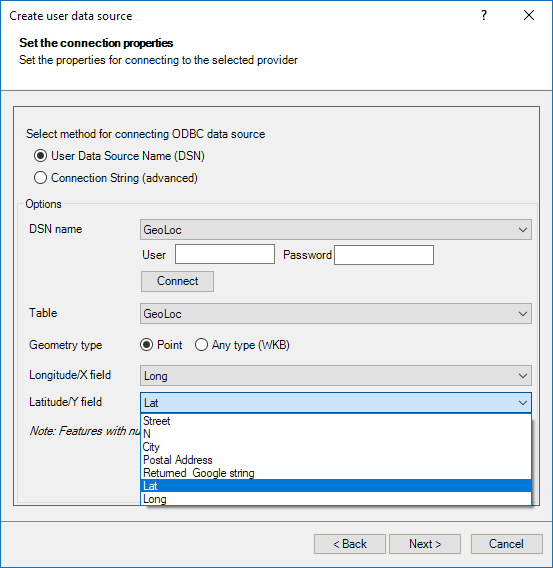 Open Database Connectivity ODBC parameters window