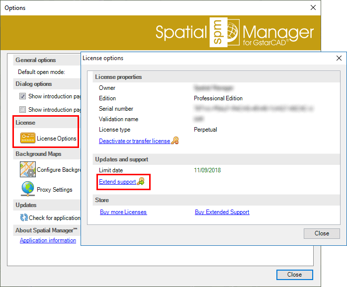 Spatial Manager™ for GstarCAD Activate support window