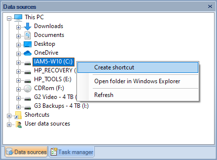 Spatial Manager Folders-Disks contextual options