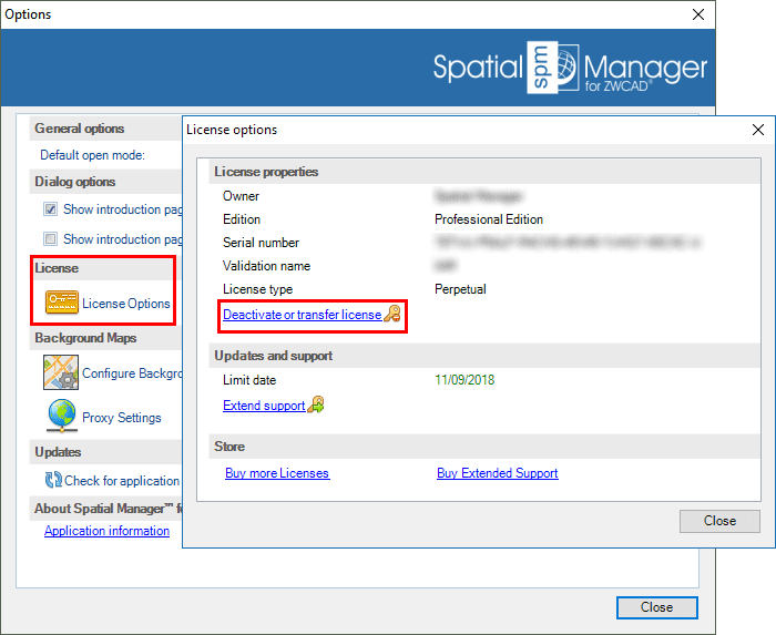Spatial Manager™ for ZWCAD Deactivate licenses window