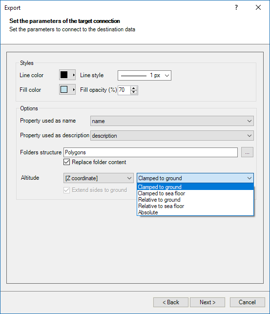 KML/KMZ Google Earth file writing (export process) parameters window