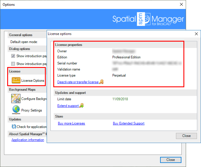 Spatial Manager™ for BricsCAD Activate licenses window