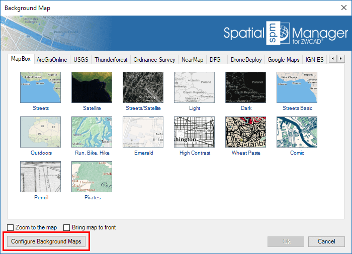 "Configure User Maps" button in the 'Background Maps' selection window