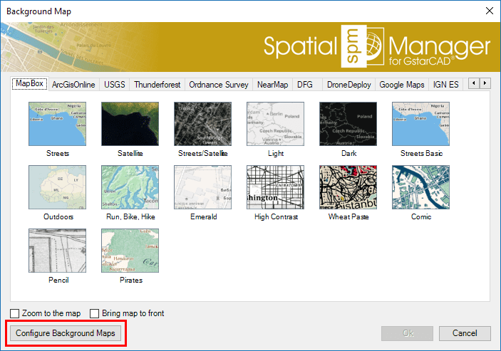 "Configure Background Maps" button in the 'Background Maps' selection window
