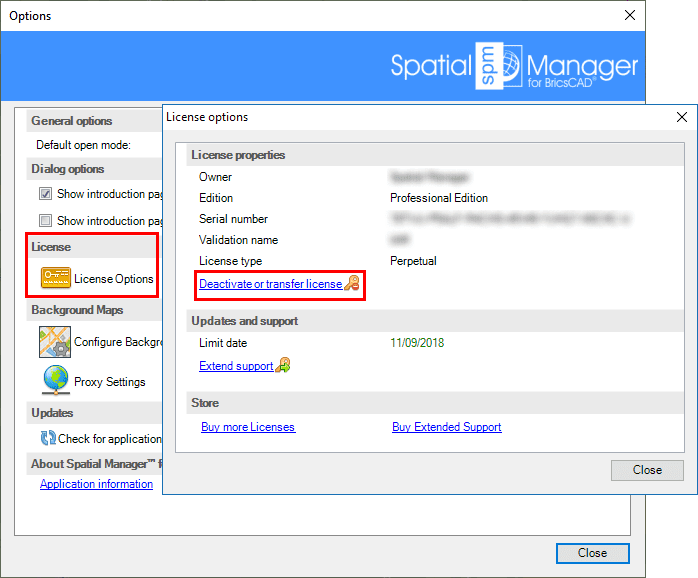 Spatial Manager™ for GstarCAD Deactivate licenses window