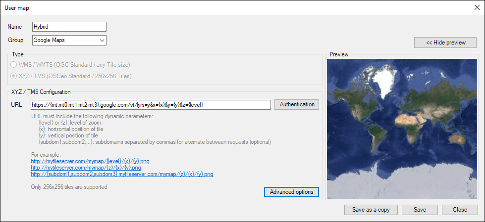 Configuring "XYZ/TMS User Background Maps"