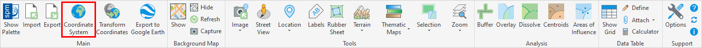 'SPMSETCRS' command in the Spatial Manager™ for AutoCAD ribbon