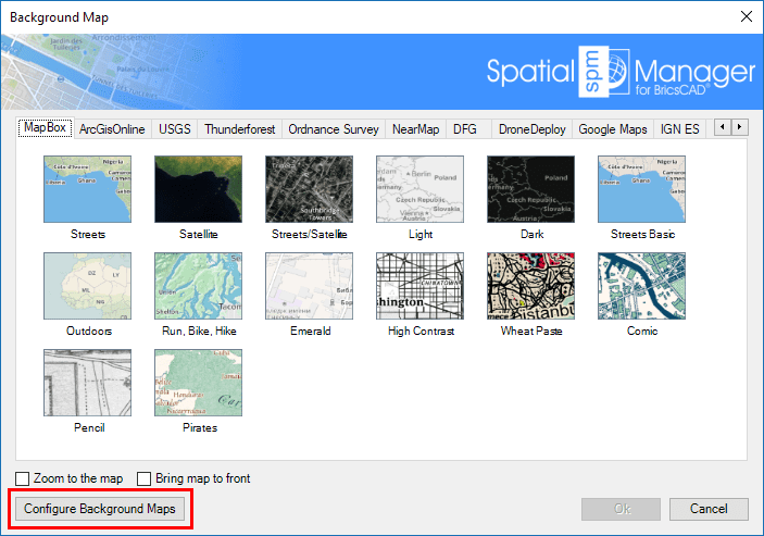 "Configure User Maps" button in the Background Maps selection window