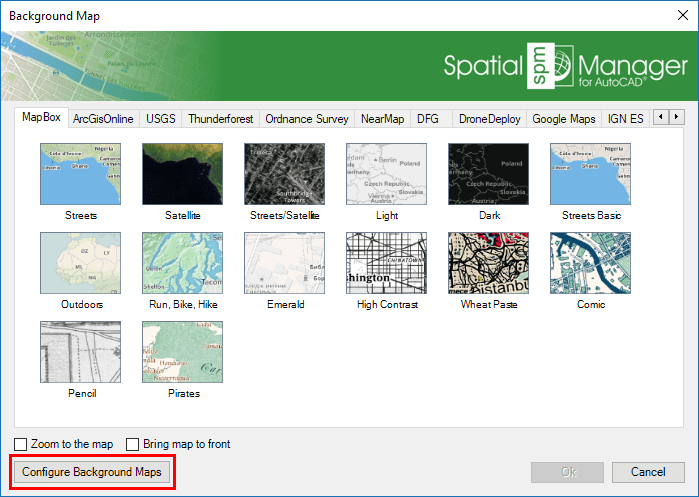 "Configure User Maps" button in the 'Background Maps' selection window