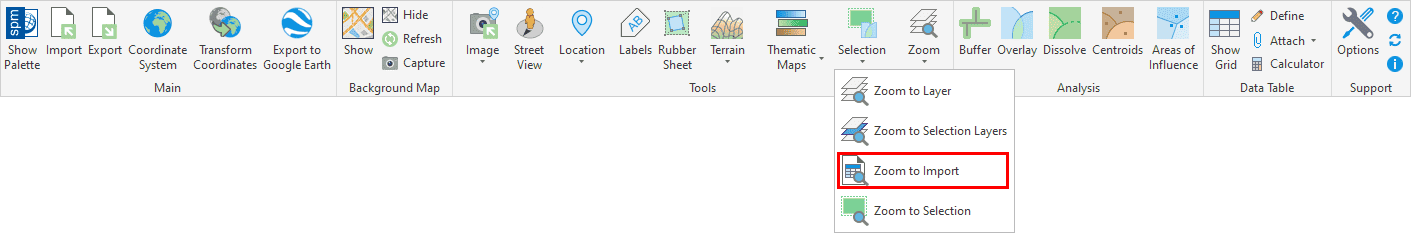 'SPMZOOMTOIMPORT' command in the Spatial Manager™ for AutoCAD ribbon