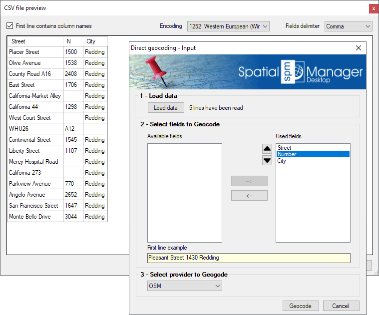 Direct geocoding file preview and geocoding parameters