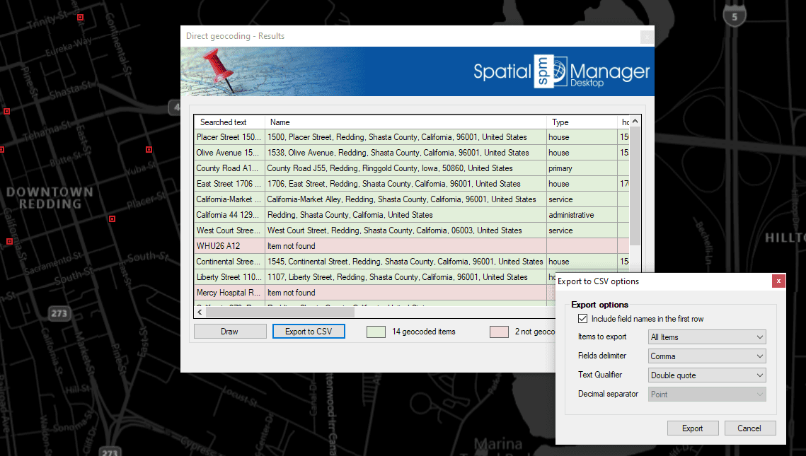 Direct geocoding results and export to CSV options