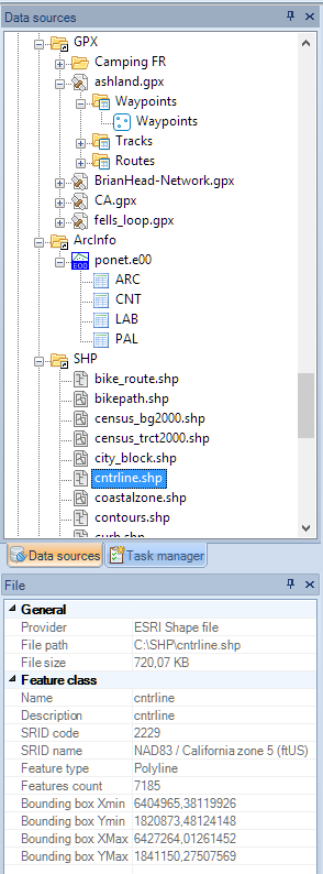 Different types of files in the "Data sources" panel