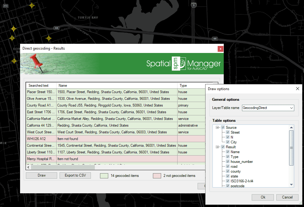 Direct geocoding results and draw parameters