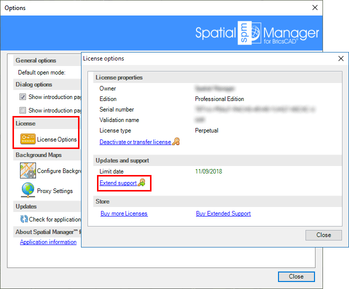 Spatial Manager™ for BricsCAD Activate support window
