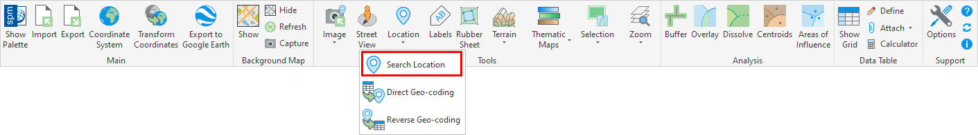 'SPMSEARCHLOCATION' command in the Spatial Manager™ for BricsCAD ribbon