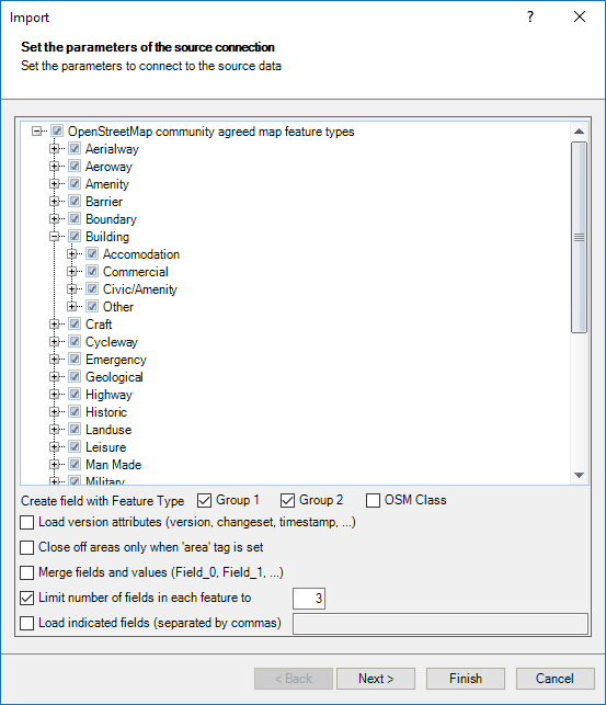 OSM/PBF OpenStreetMap file reading (import process) parameters window