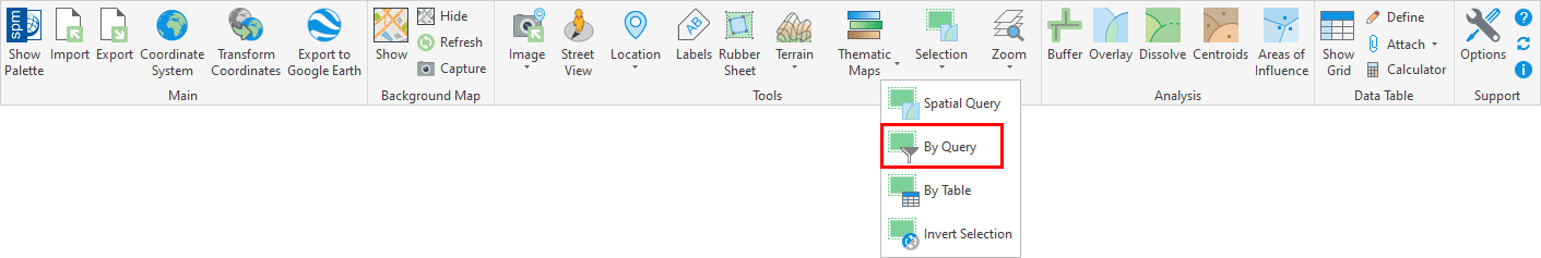 'SPMSELECTBYQUERY' command in the Spatial Manager™ for BricsCAD Ribbon (Can also be found in the drop-down Menu and Toolbar of Spatial Manager)