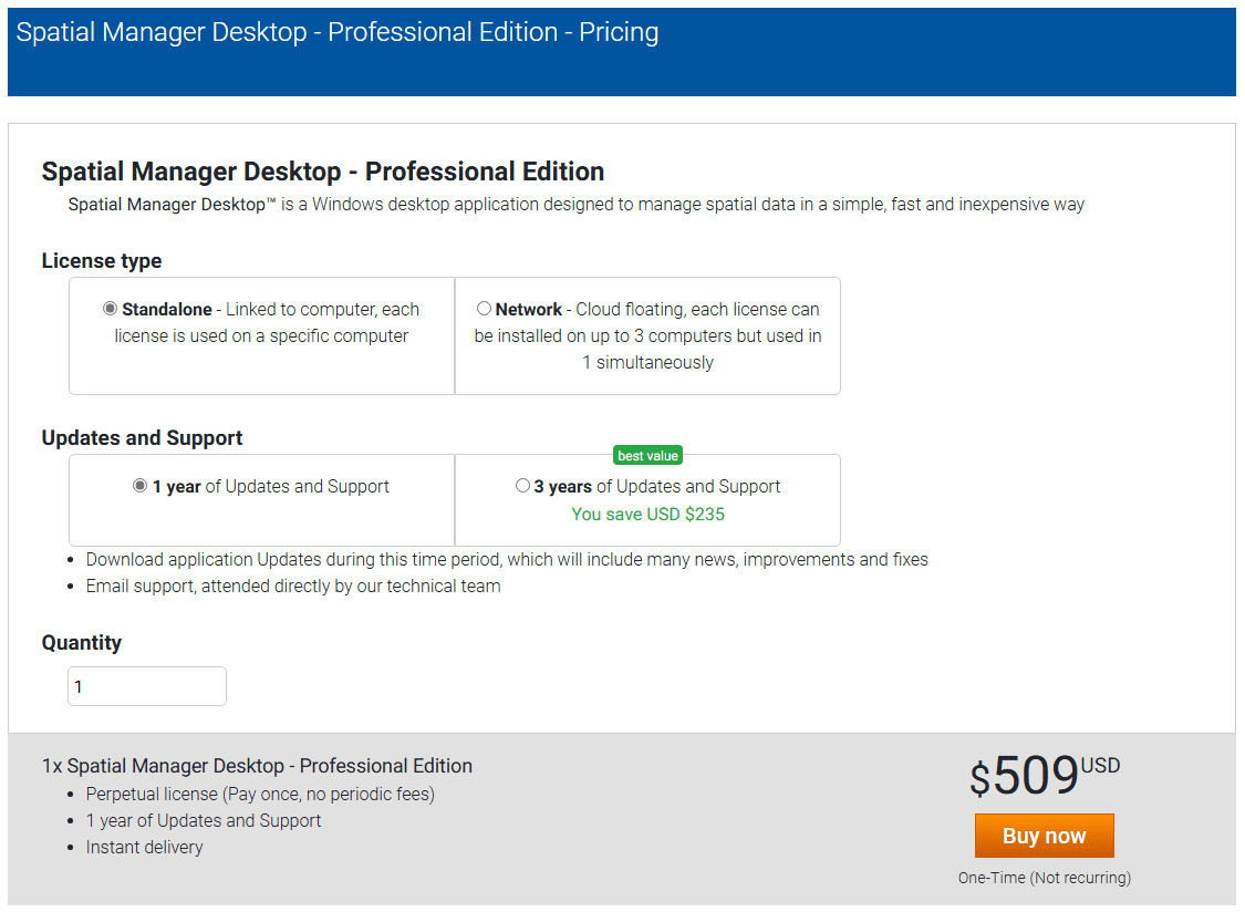 Spatial Manager Desktop™ License purchasing options page