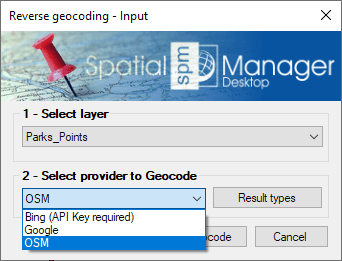 Reverse geocoding layer selection and geocoding parameters