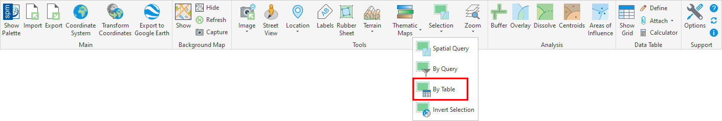 'SPMSELECTBYTABLE' command in the Spatial Manager™ for BricsCAD Ribbon (Can also be found in the drop-down Menu and Toolbar of Spatial Manager)