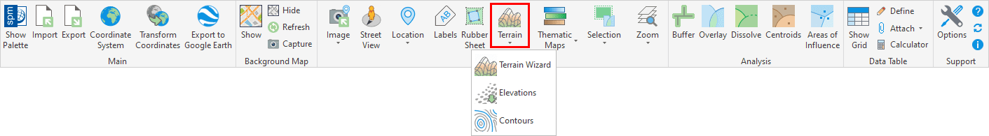 'SPMTERRAIN' command (3 sub-commands) in the Spatial Manager™ for ZWCAD ribbon