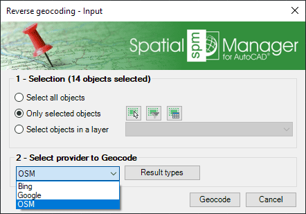 Reverse geocoding objects selection and geocoding parameters