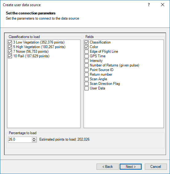 LiDAR file reading parameters window