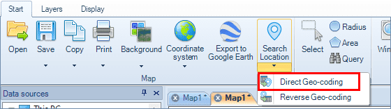 'SPMGEOCODING_DIRECT' command in the Spatial Manager™ for AutoCAD ribbon