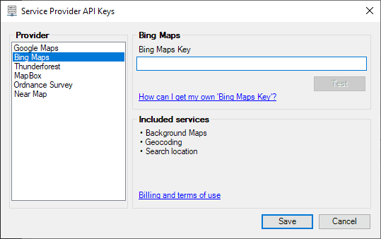 Service Provider API Keys window