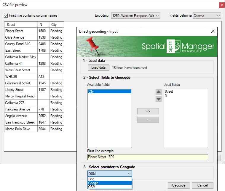 Direct geocoding file preview and geocoding parameters