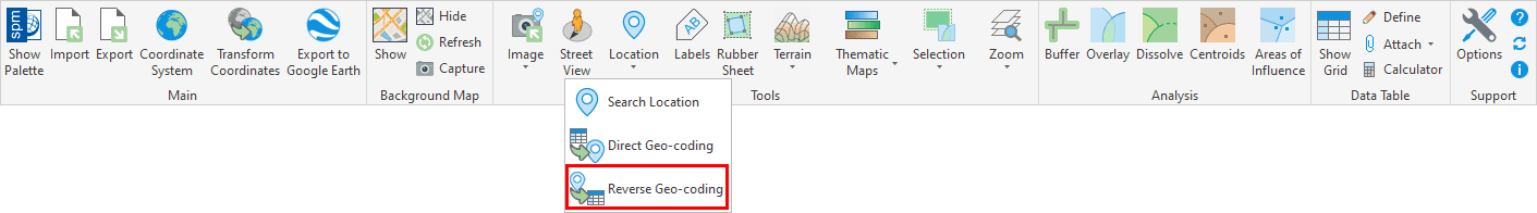 'SPMGEOCODING_REVERSE' command in the Spatial Manager™ for GstarCAD ribbon