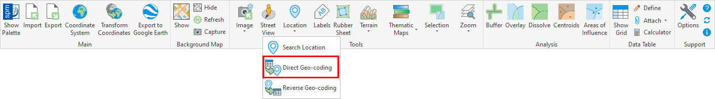 'SPMGEOCODING_DIRECT' command in the Spatial Manager™ for GstarCAD ribbon