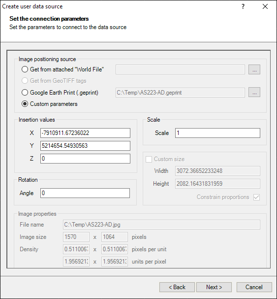 Single image Raster Provider parameters window