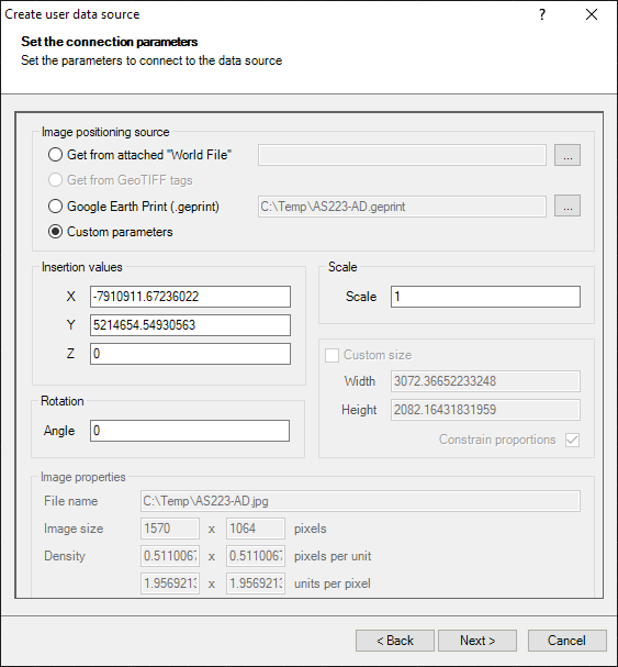 'Single image Raster Provider' parameters window