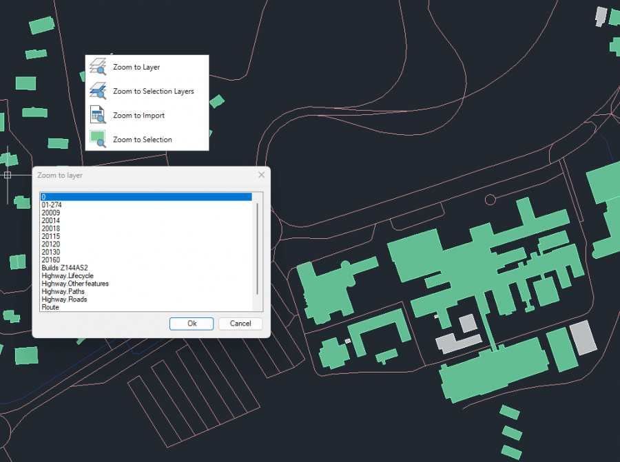 Zoom to Layers, Selected entities, Import set, etc.