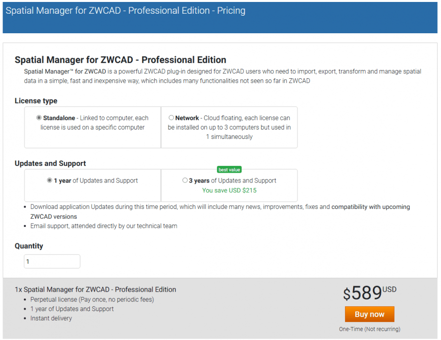 Spatial Manager™ for ZWCAD License purchasing options page